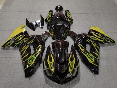 Cheap 2006-2011 Kawasaki ZX14R Motorcycle Fairings - Glossy Black Yellow Flame UK